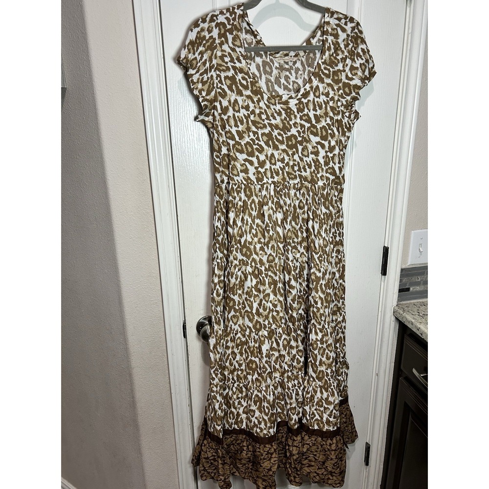 Soft Surroundings Leopard Maxi Dress Womens Sz S Mocha Brown Scoop Neck NWT - Picture 2 of 6